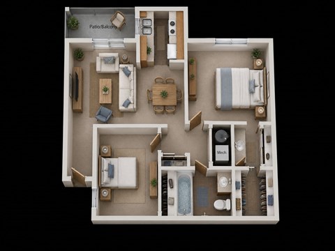 Floor plan for 2 beds, 1 bath, 840 sqft